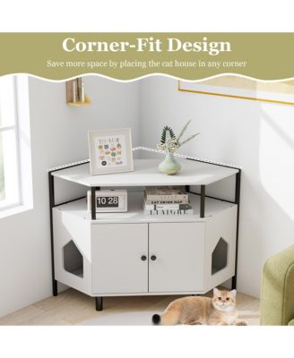 Corner Cat Litter Box Enclosure End Table w/ Open Shelf 2 Entries Double Doors