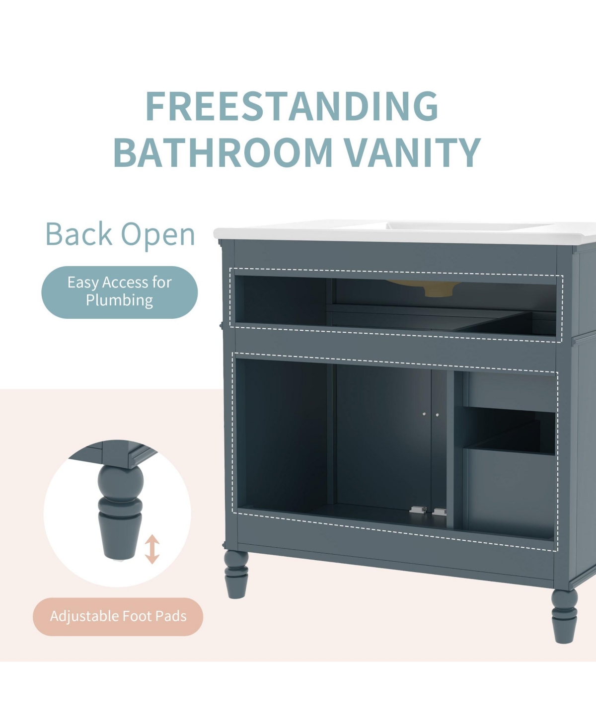 Boyel Living 36" Bathroom Vanity with Sink, Blue Bathroom Cabinet with Drawers, Solid Frame and Mdf Board