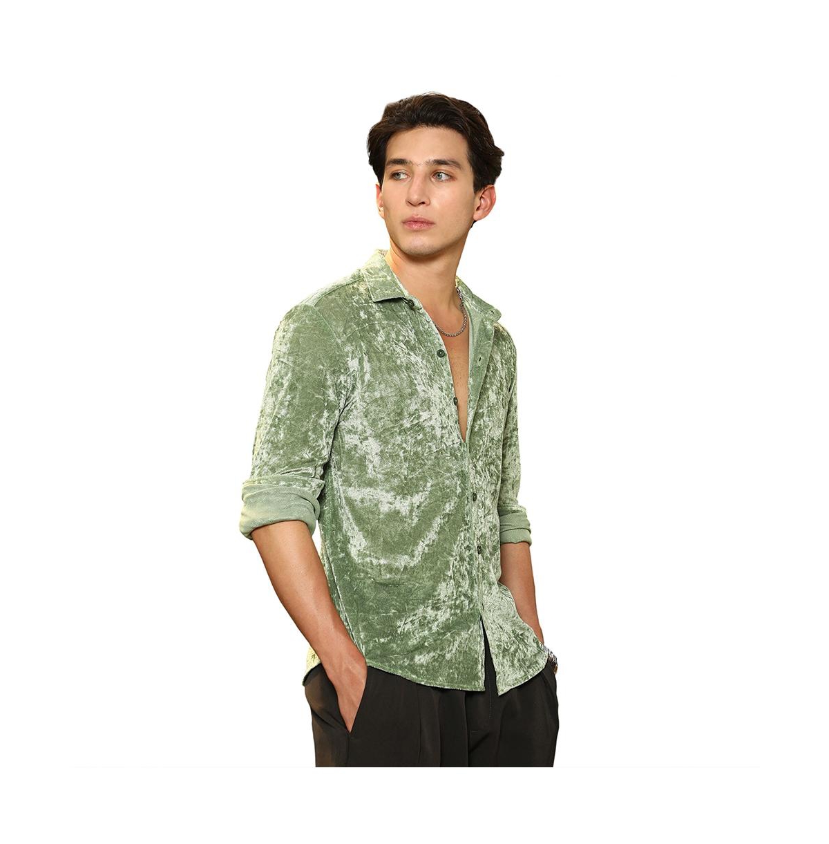 Campus Sutra Men's Sage Green Solid Velvet Shirt