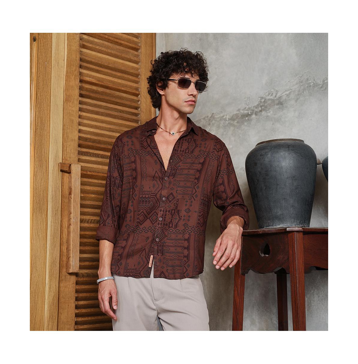 Campus Sutra Men's Russet Brown Aztec-Imprint Shirt