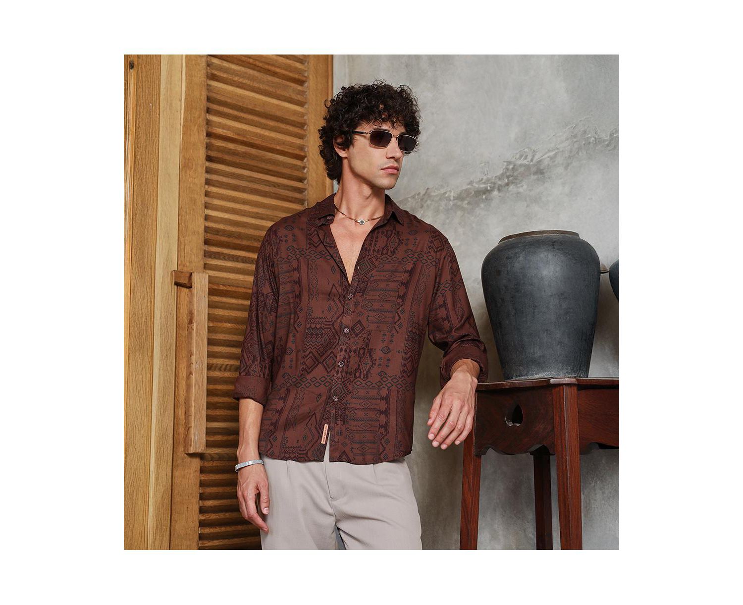 Men's Russet Brown Aztec-Imprint Shirt