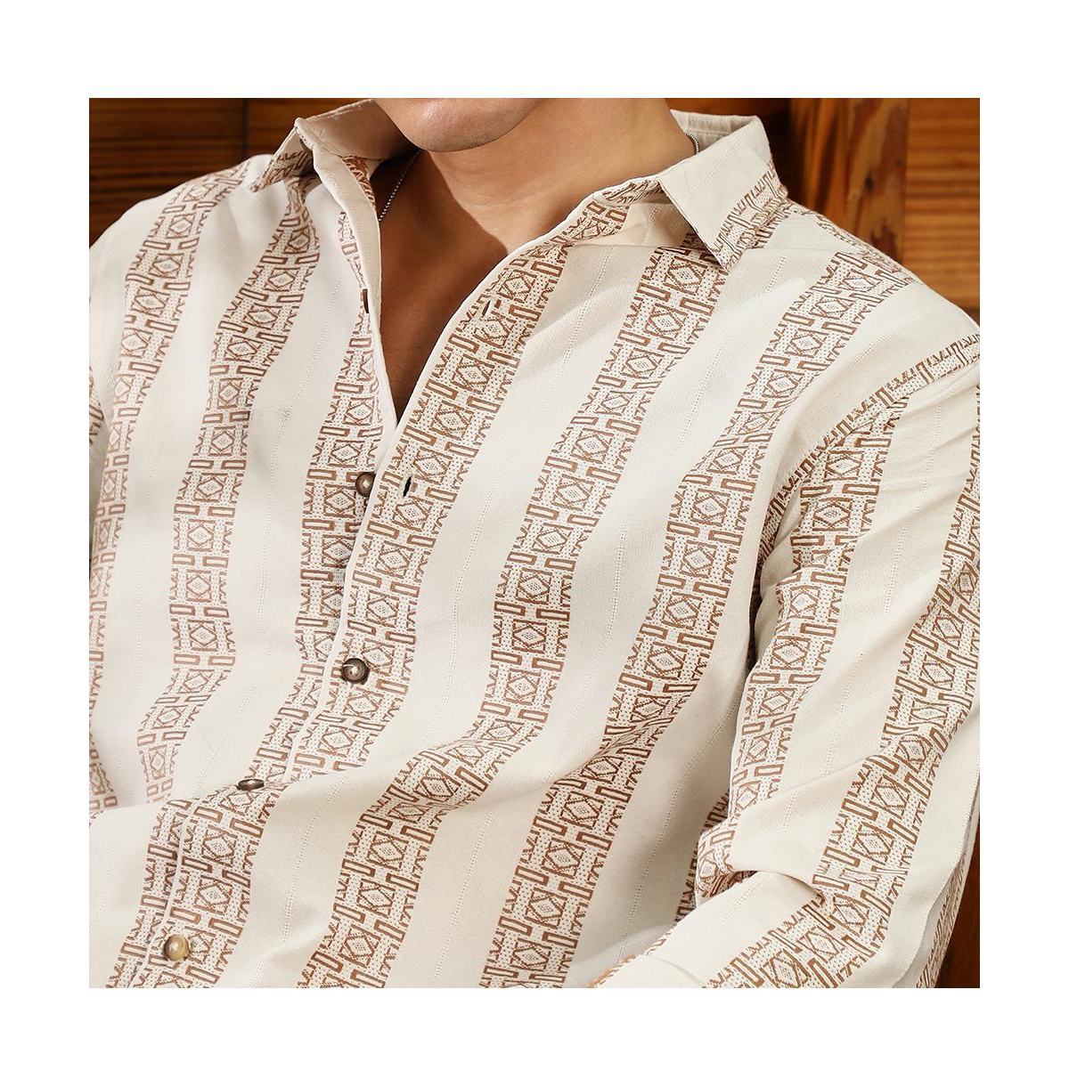 Campus Sutra Men's Ash Brown & Off-White Indie-Stripe Jacquard Shirt
