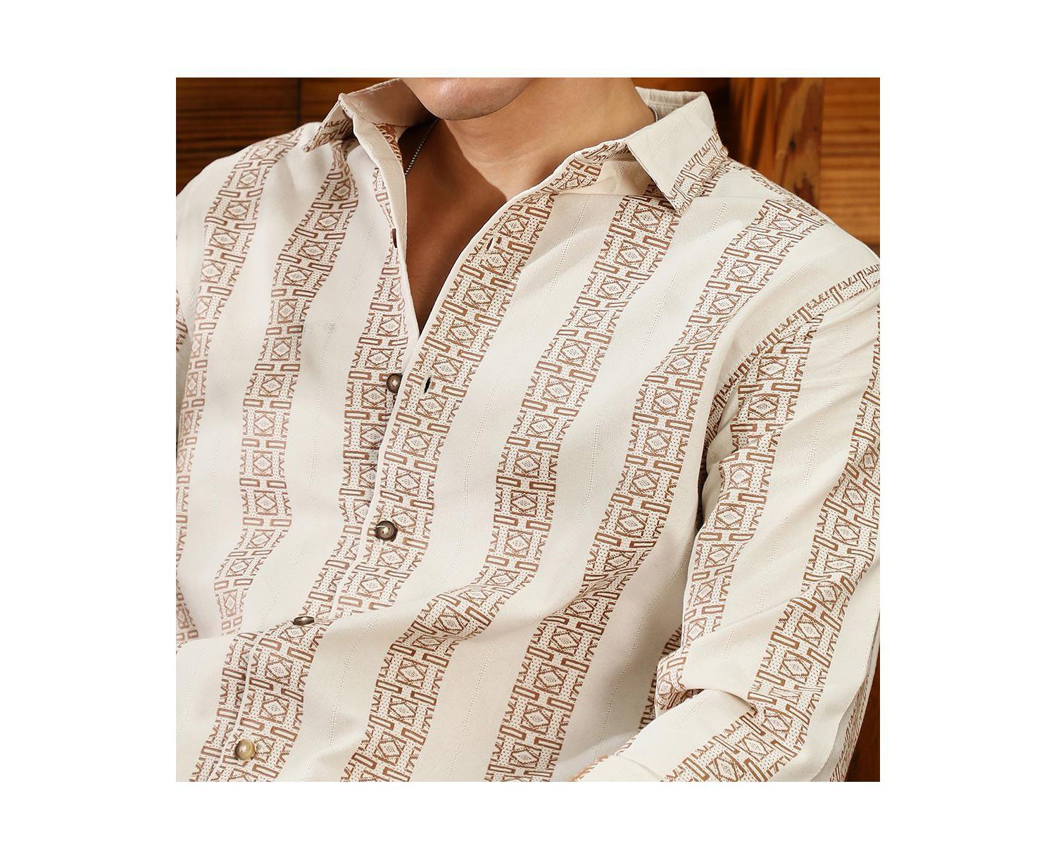 Men's Ash Brown & Off-White Indie-Stripe Jacquard Shirt