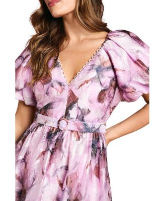 Women's Short Puff Sleeve Belted Midi Dress