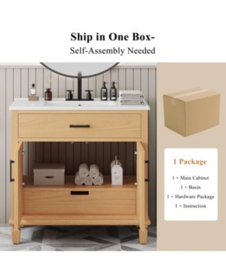 36" Rattan Bathroom Vanity with Ceramic Sink, Soft-Close Doors & Large Storage, Free-Standing Solid Wood Design, Natural