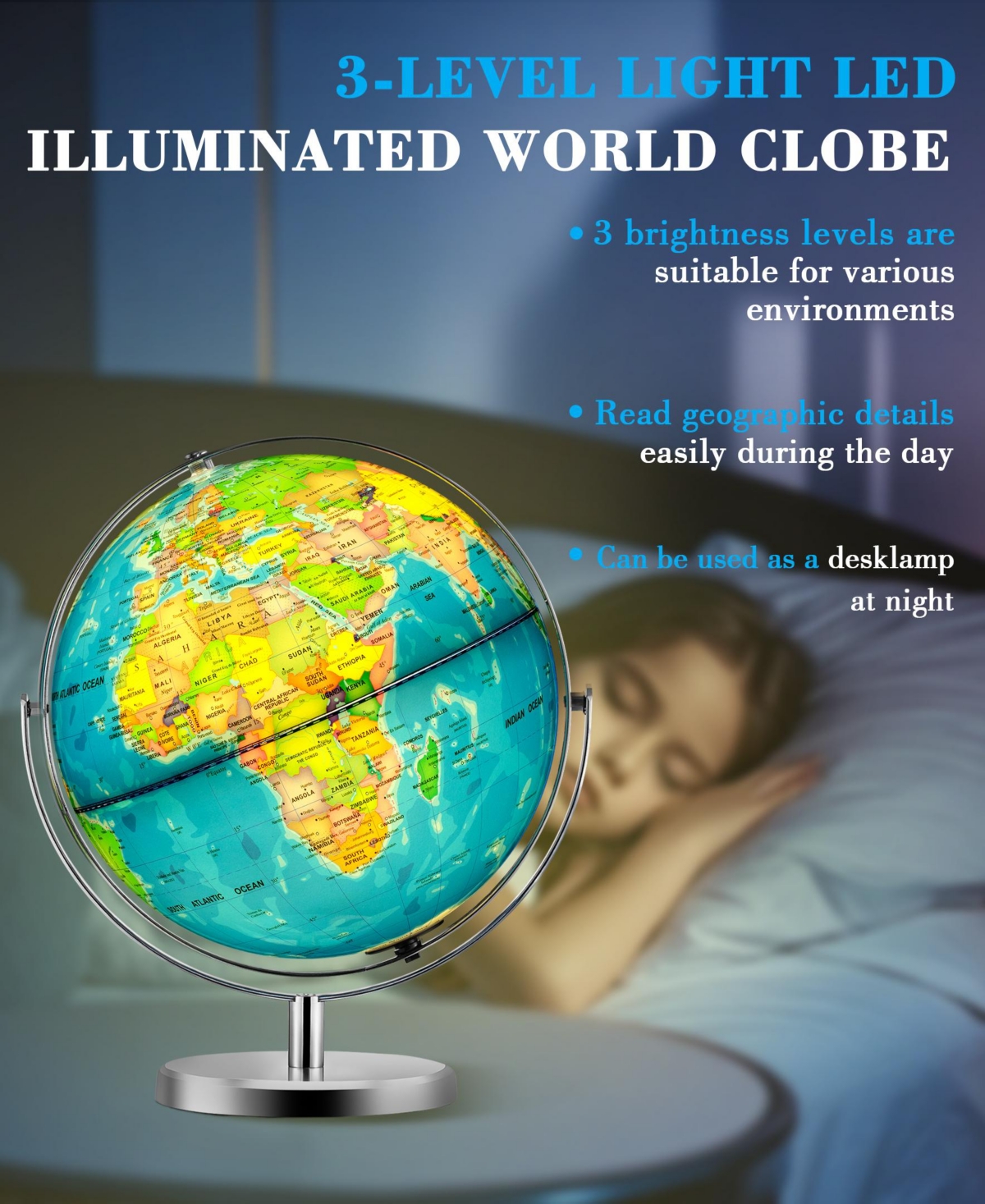 Sugift 13-Inch Illuminated World Globe with Stand Led Light, Dual-Axis Rotation, Usb Powered Educational Globe for Kids & Adults