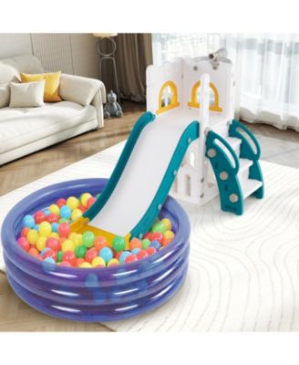 6-in-1 Toddler Slide L-shaped Playground with Basketball Hoop and Ladder