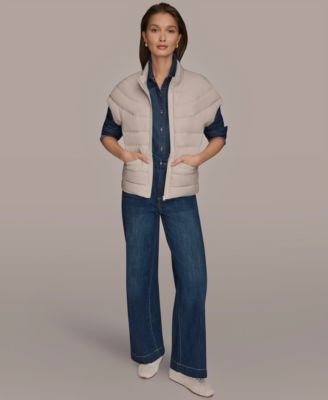 Women’s Button Front Denim Shirt, Wide Leg Jeans and Front Zip Puffer Jacket