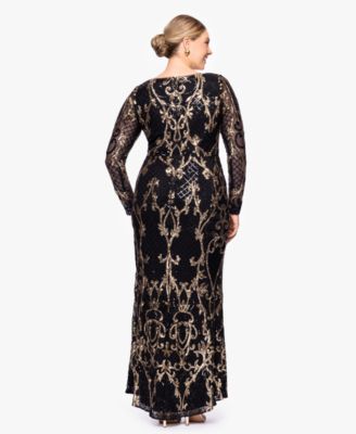 Betsy & Adam Plus Size Sequined Long-Sleeve Sheath Gown