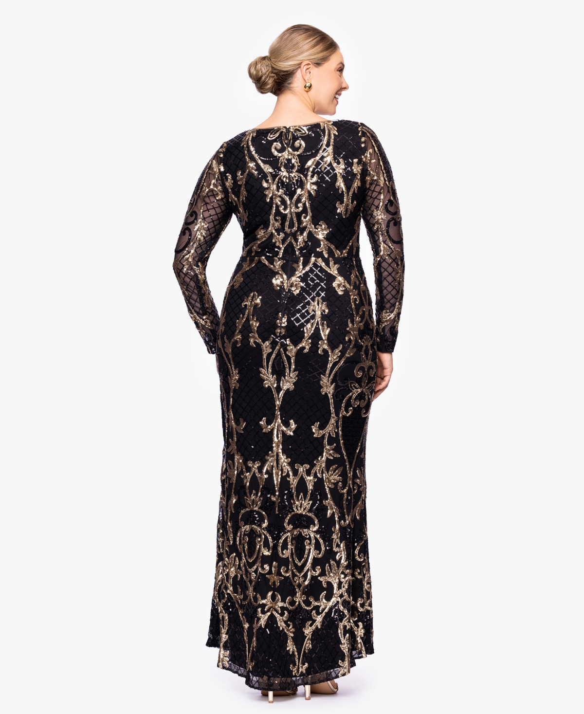 B & A By Betsy And Adam Betsy & Adam Plus Size Sequined Long-sleeve Sheath Gown In Black