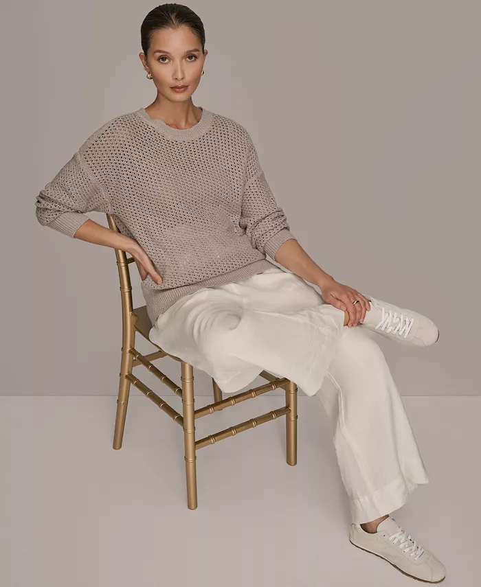 Women's Bracelet Sleeve Open Stitch Cotton Blend Crewneck Sweater - thumbnail 10