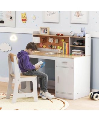 Kids Study Desk and Chair Set Wooden Children Writing Table with Shelves &amp; Drawer