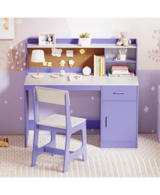Kids Study Desk and Chair Set Wooden Children Writing Table with Shelves & Drawer