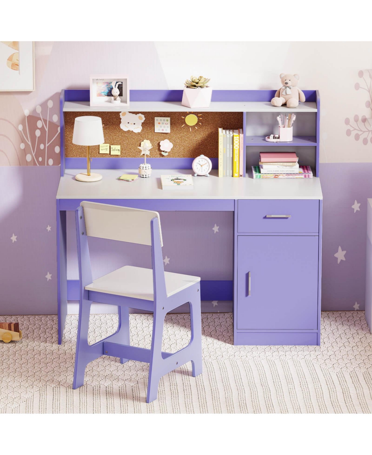Costway Kids Study Desk and Chair Set Wooden Children Writing Table with Shelves & Drawer