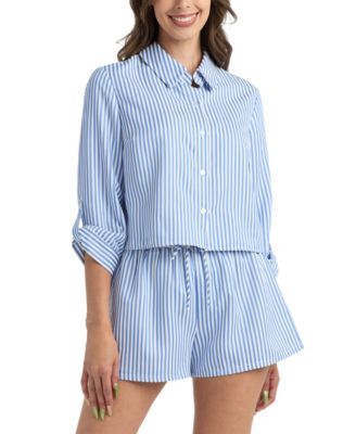 BCX - Women's Striped Crop Collared Shirt