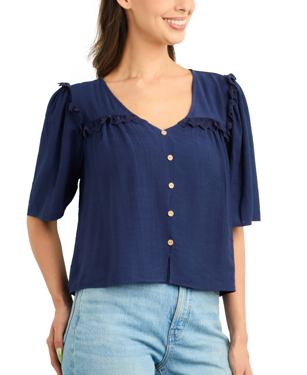 Bcx Juniors' Resort Solid Crinkle V-neck Top In Blue