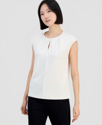 Women's Pleat-Neck Cap-Sleeve Top