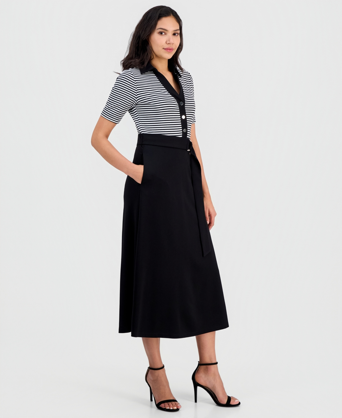 Anne Klein Women's Collared Combo A-Line Midi Dress