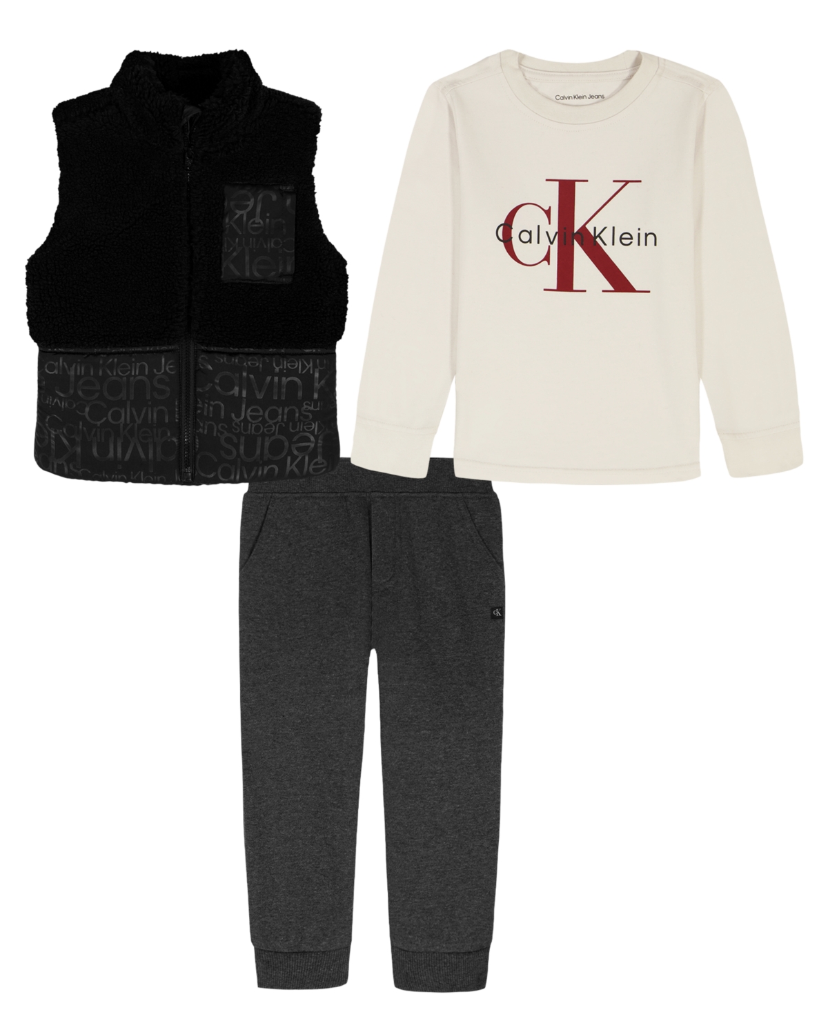 Calvin Klein Boys 2T-7 3-Piece Stand Collar Vest, T-Shirt and Joggers Set