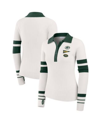 WEAR by Erin Andrews - Women's White Green Bay Packers Ribbed Henley Polo Shirt