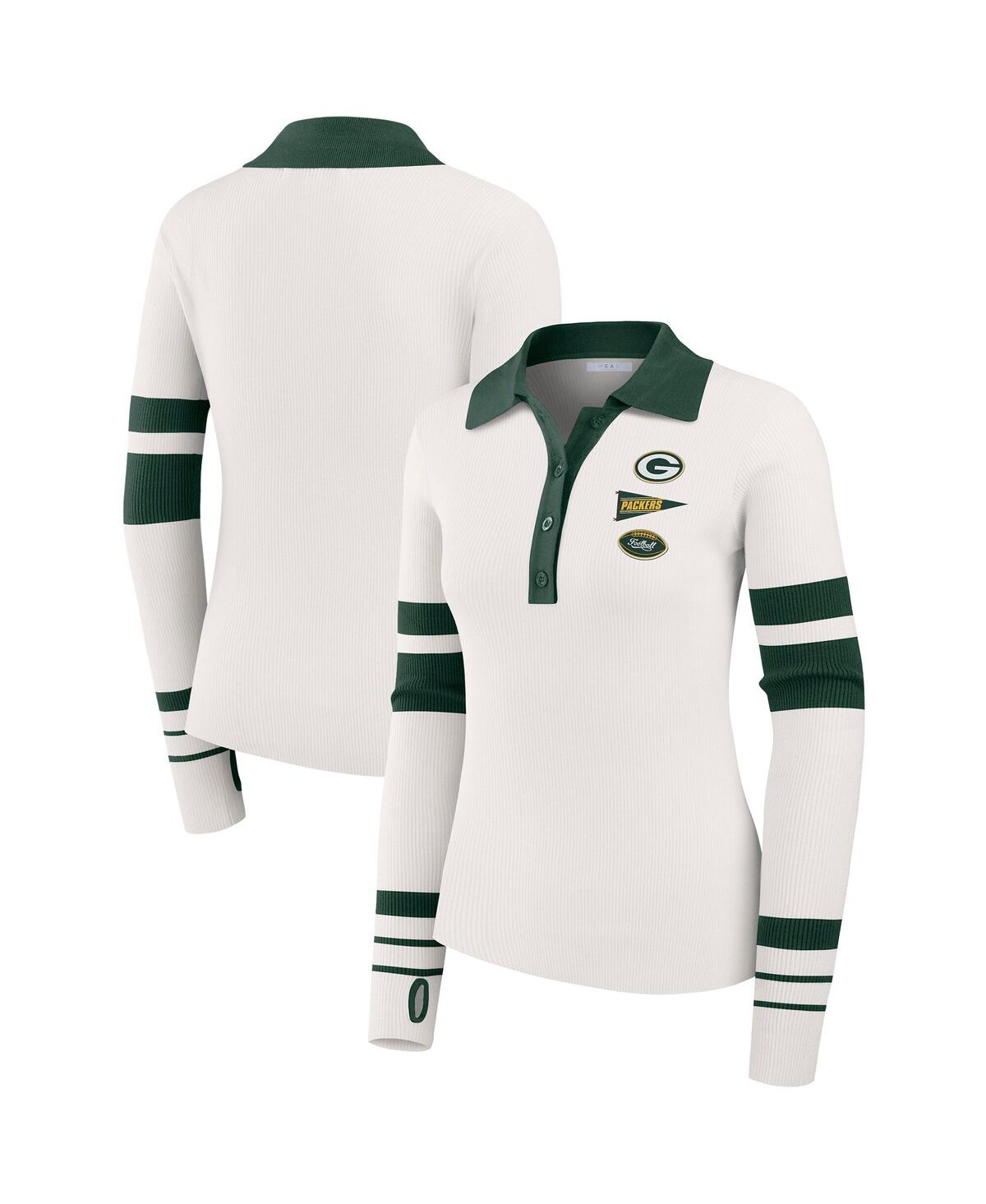Wear by Erin Andrews Women's White Green Bay Packers Ribbed Henley Polo Shirt - White