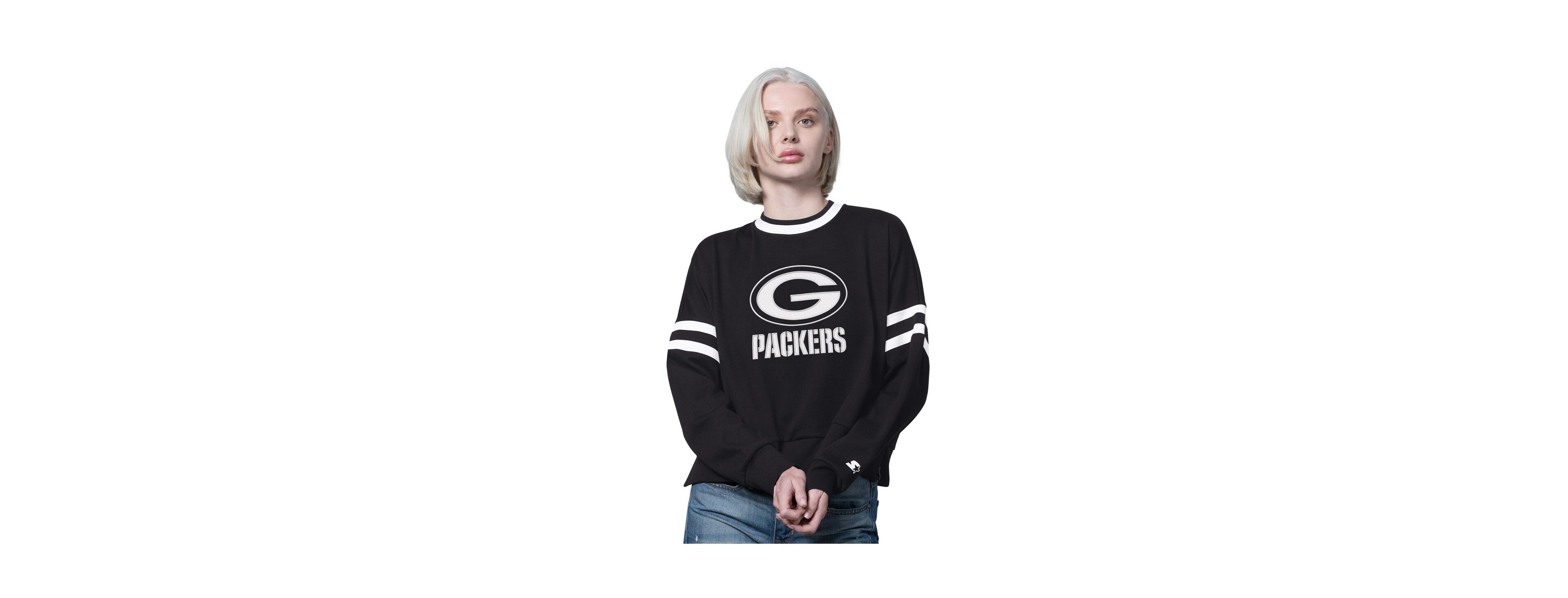 Starter Women's Black Green Bay Packers Rally Drop Shoulder Cropped Sweatshirt