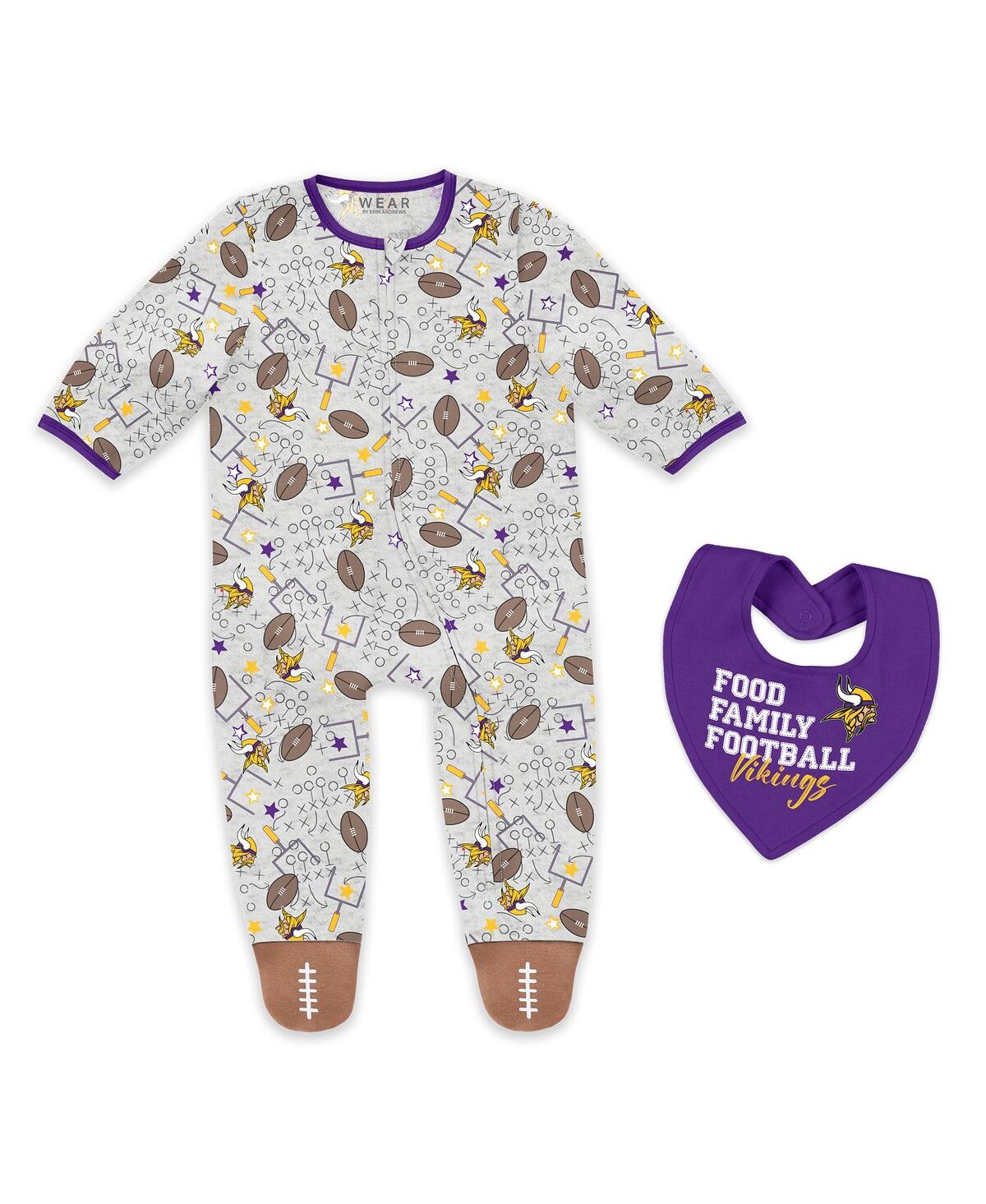 Wear by Erin Andrews Baby Boys and Girls Newborn 2-Piece Minnesota Vikings Sleep Play Full-Zip Sleeper Bib Set