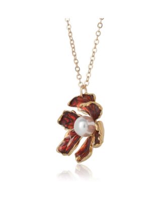Gold-Tone Floral Pendant Necklace with Pearl Detail