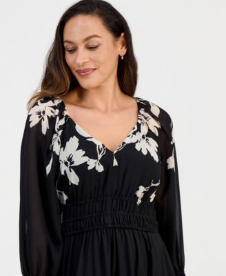 Women's Pleated Long-Sleeve Chiffon Midi Dress