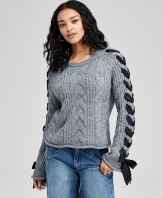 Petite Round-Neck Satin-Bow-Sleeve Sweater, Macy's Exclusive 