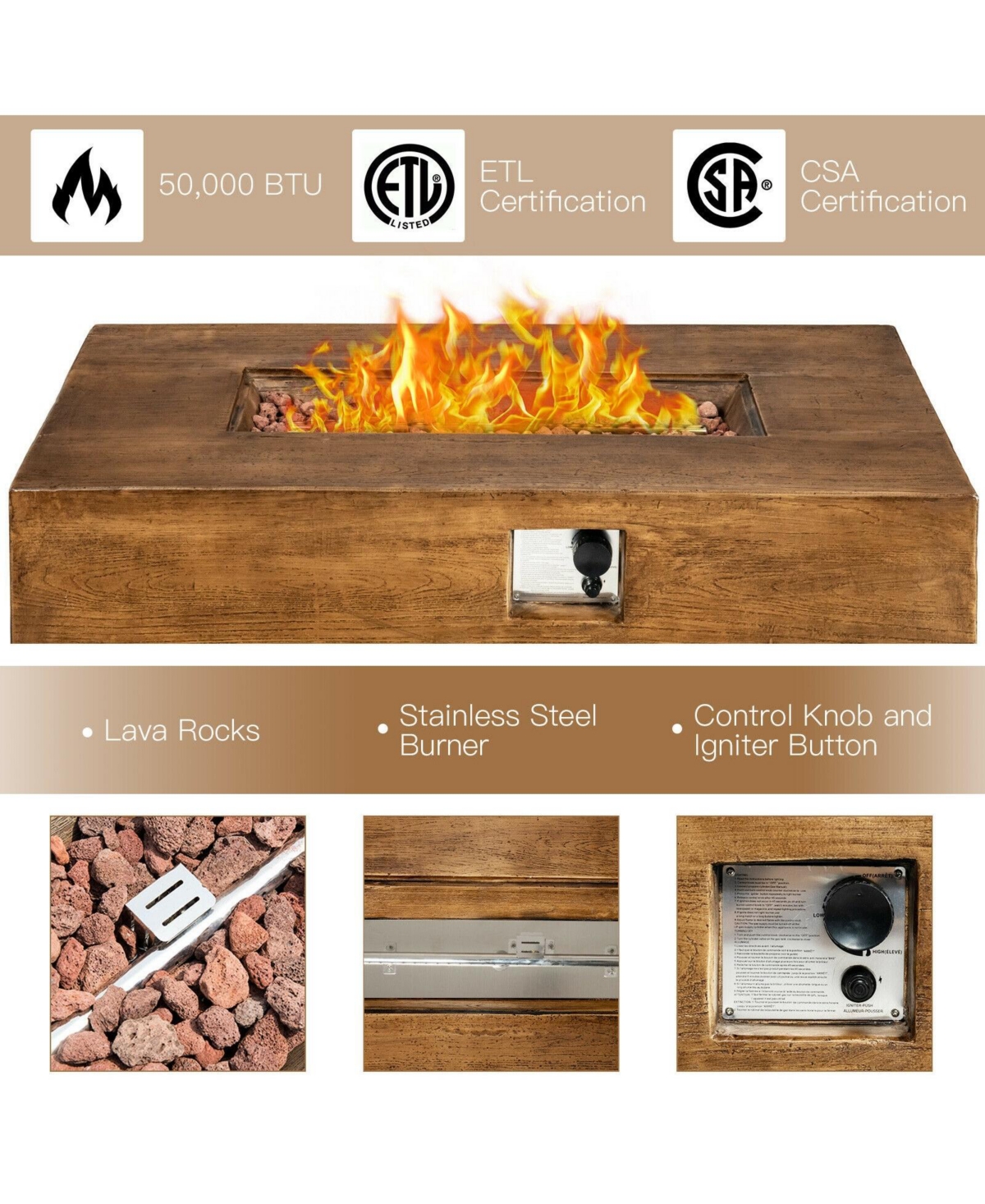 Mecale 48 x 27Inch Outdoor Gas Fire Pit Table 50,000 Btu with Lava Rocks and Cover