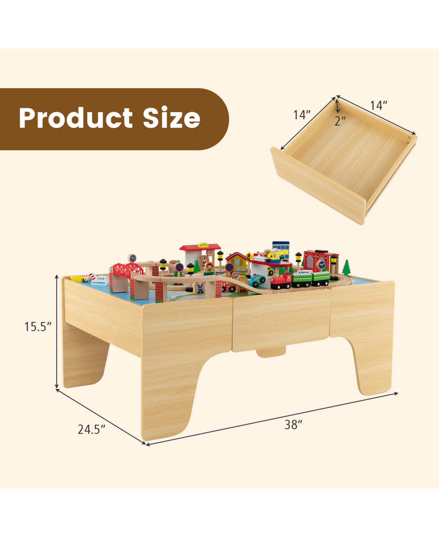 Детские игрушки Mecale 84-Piece Wooden Reversible Tabletop Train Table Set, цвет: Nature — фото 3