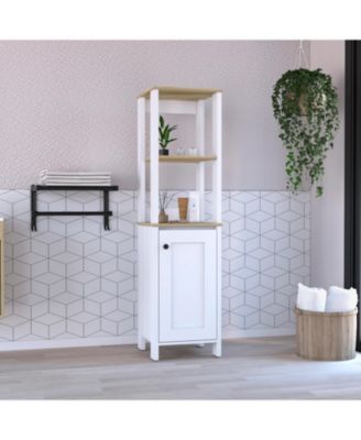 Linen Cabinet with Two Interior Shelves and Two Open Shelves Single Door Freestanding Storage Organizer for Bathroom or Living Room