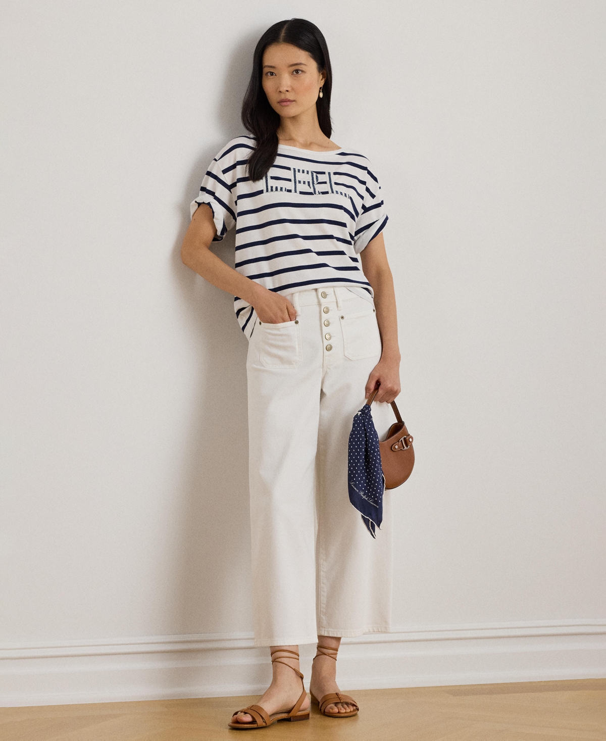 Ralph Lauren Women's Striped Beaded-logo T-shirt In White