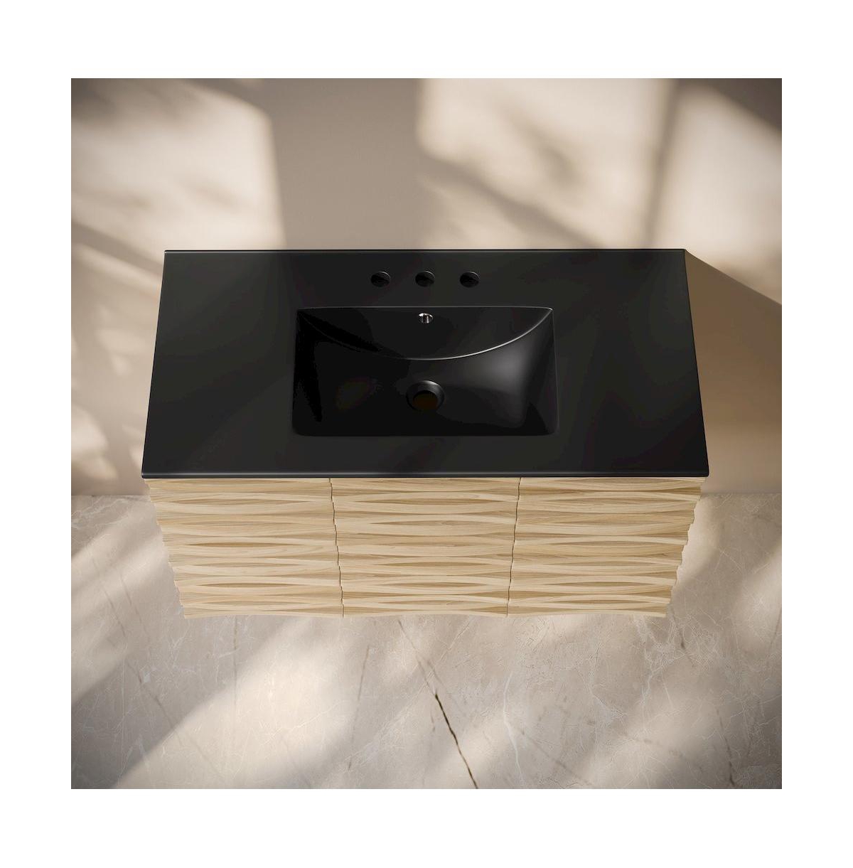 Swiss Madison36" Wall-Mounted Bathroom Vanity, Natural Oak, Black 3-Hole Widespread Sink Top