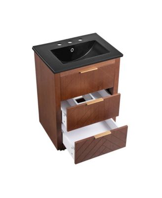 24" Freestanding Bathroom Vanity in Brown Oak, Black 3-Hole Centerset Sink Top
