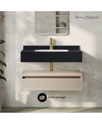 Avancer 36" Wall-Mounted Bathroom Vanity in White Oak with Black Marble Sink Top