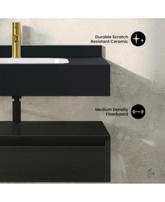 Avancer 36" Wall-Mounted Bathroom Vanity in Black Oak with Black Marble Sink Top