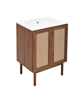 24" Freestanding Bathroom Vanity in Brown Oak with 3-Hole Centerset Sink Top