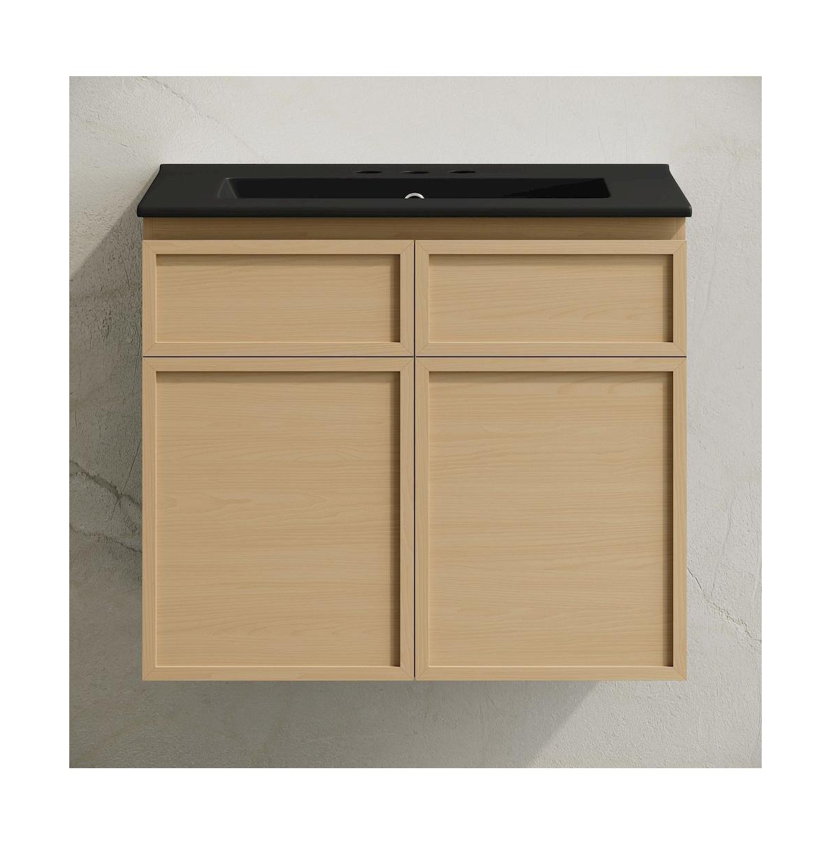 Swiss Madison 24" Wall-Mounted Bathroom Vanity, Natural Oak, Black 3-Hole Widespread Sink Top
