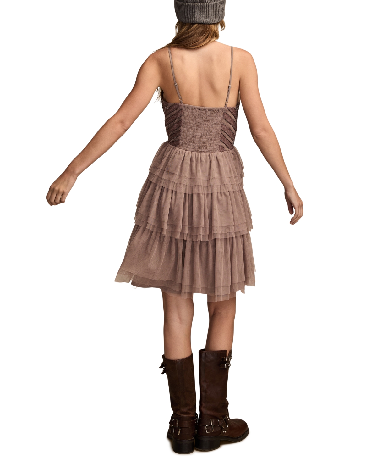 Lucky Brand Women's Beaded Tiered Sleeveless Party Mini Dress In Brown