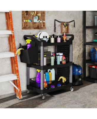 3-Tier Rolling Tool Cart, Utility Cart with Side Shelf and Hook