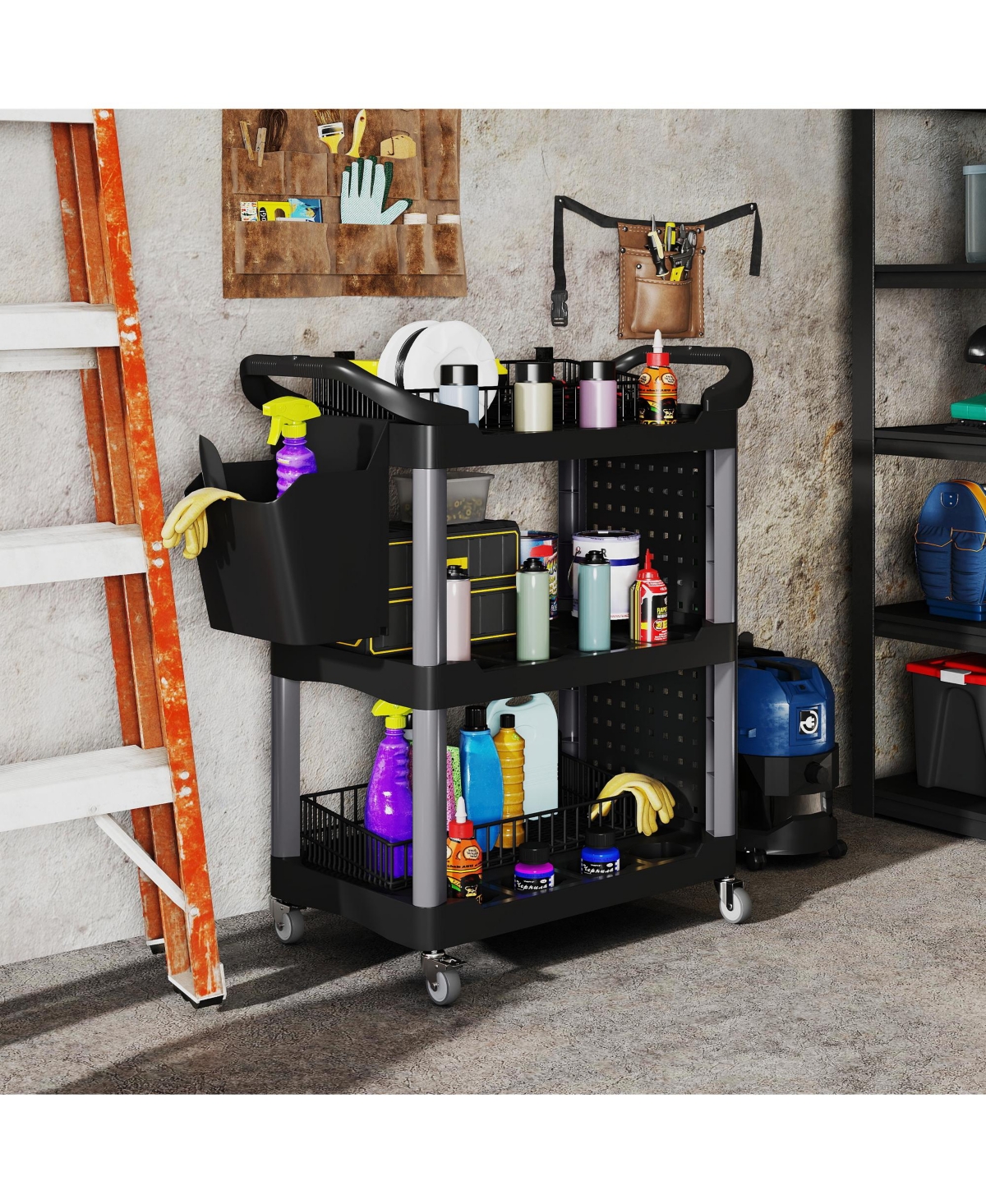 Homcom 3-Tier Rolling Tool Cart, Utility Cart with Side Shelf & Hook