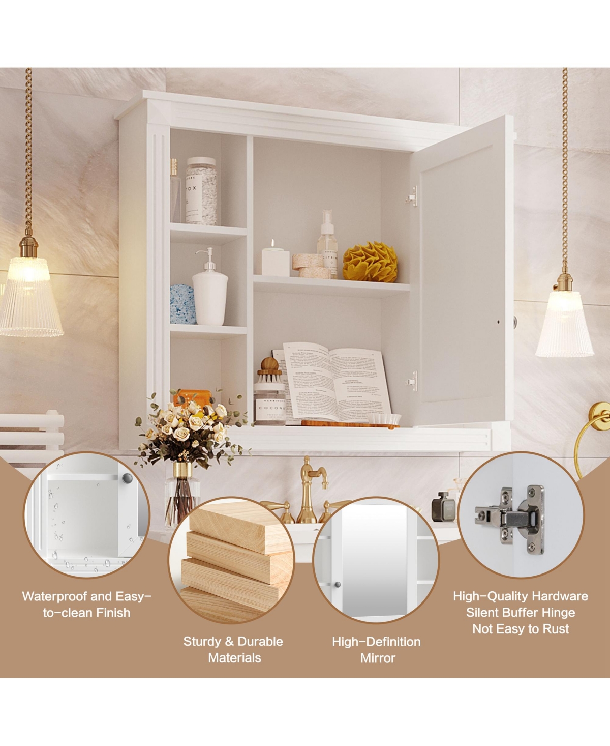 Airsurfer 35 x 28 Wall Mounted Bathroom Storage Cabinet Medicine Cabinet Modern Bathroom Wall Cabinet with Mirror and 6 Open Shelves Not Include Vanit