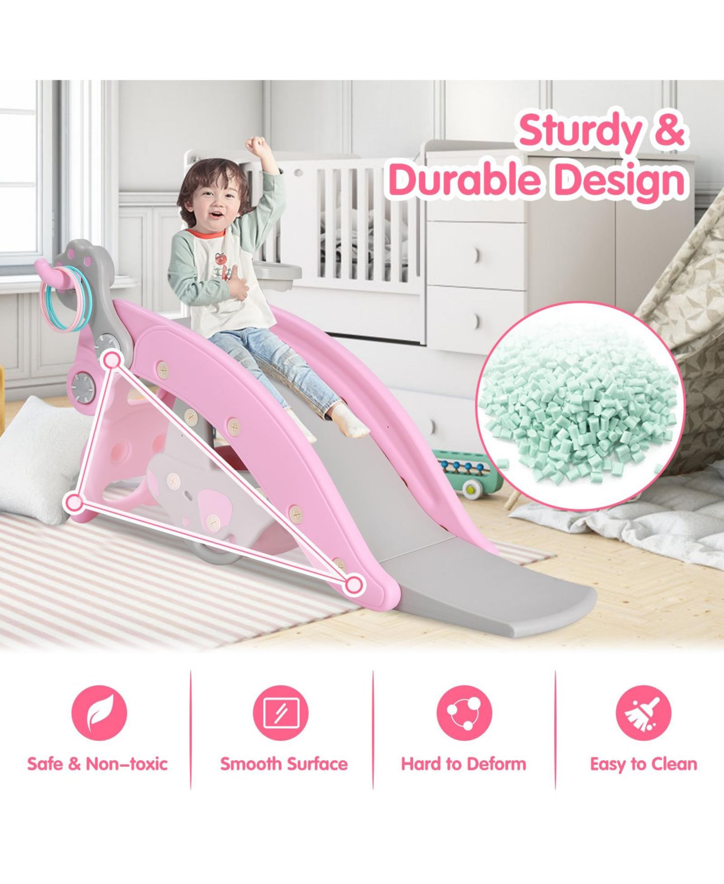 Детский игровой набор Mecale 4-in-1 Toddler Slide and Rocking Horse Playset with Basketball Hoop, Ages 1-5, цвет: Розовый — фото 6