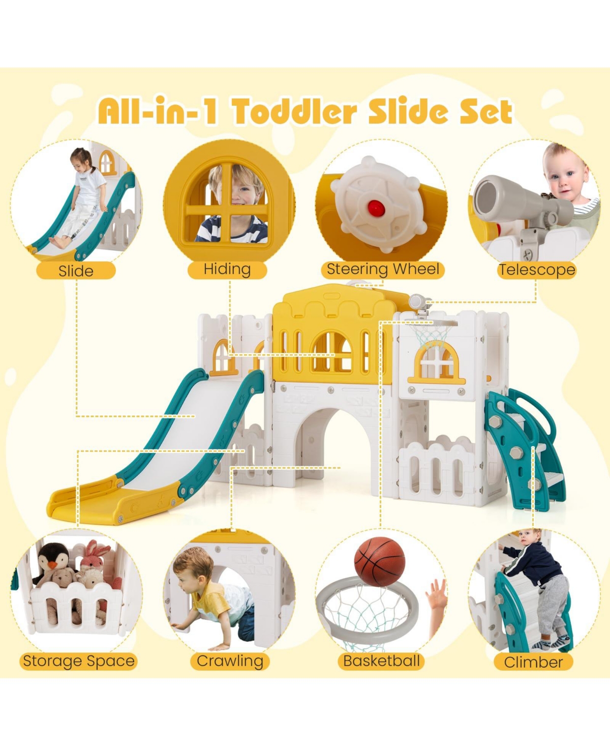 All-in-1 Toddler Slide Playset Playground with Tunnel and Ladder and Basketball