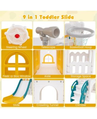 9-in-1 Toddler Slide L-Shaped with Basketball Hoop and Steering Wheel