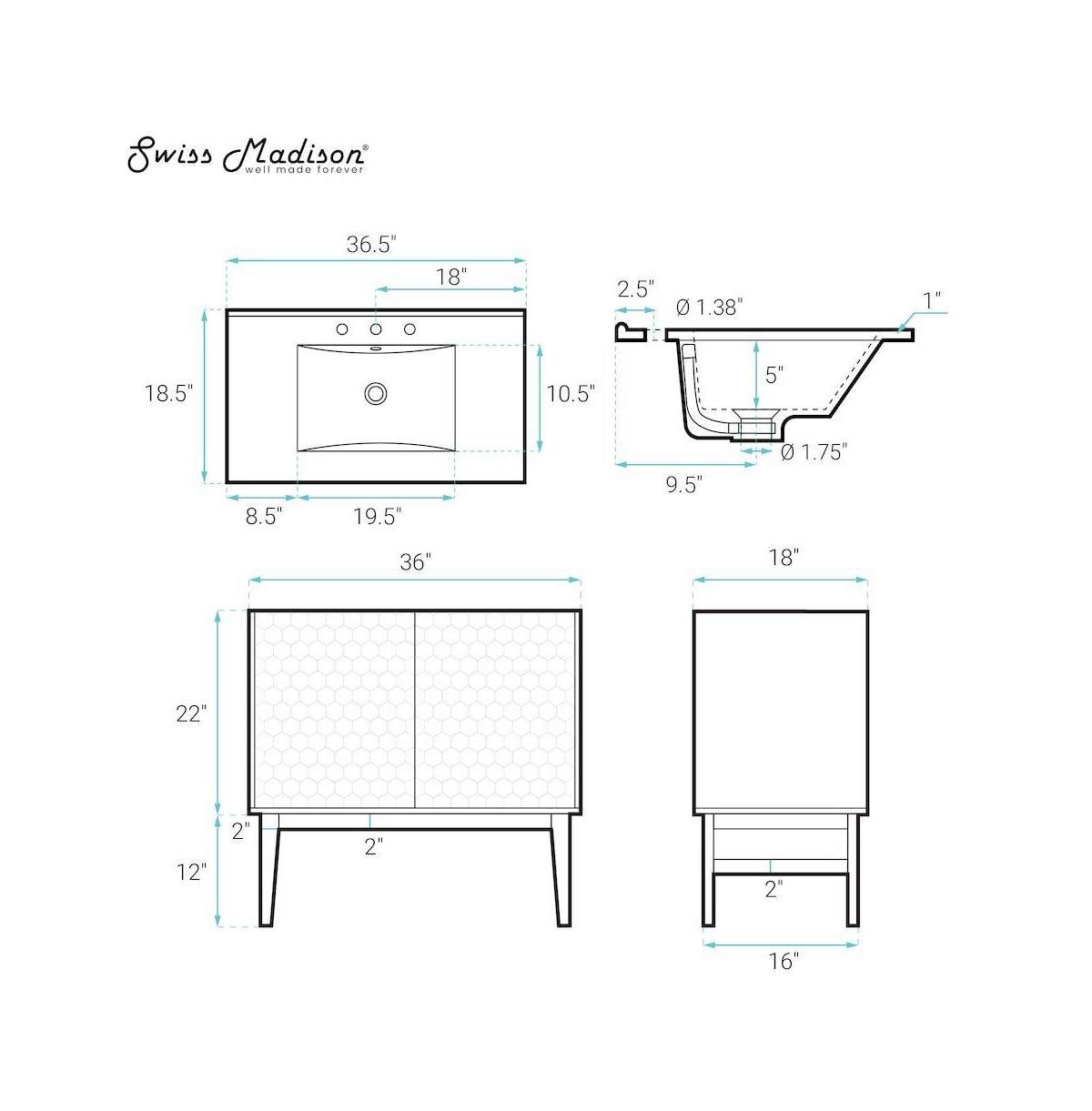 Swiss Madison 36" Freestanding Bathroom Vanity, Natural Oak, Black 3-Hole Widespread Sink Top