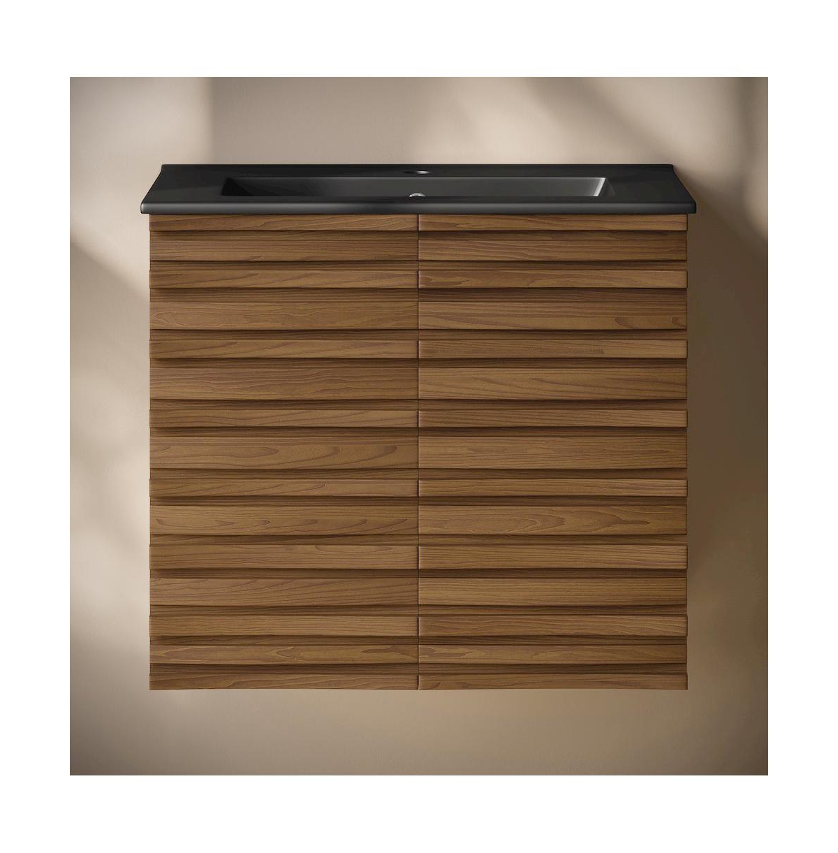 Swiss Madison Cascade 24" Wall-Mounted Bathroom Vanity in Brown Oak with Black Sink Top