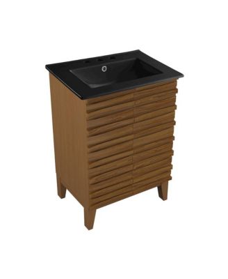 24 in. Brown Oak Bathroom Vanity With Black, 3-Hole Ceramic Sink Top